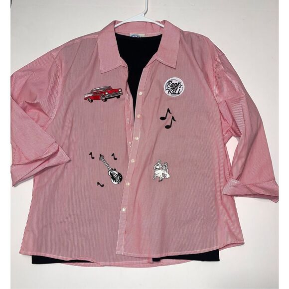 Las Olas Rock And Roll Lost in the 50s Red White Striped Long Sleeve Button Up X - Picture 1 of 4